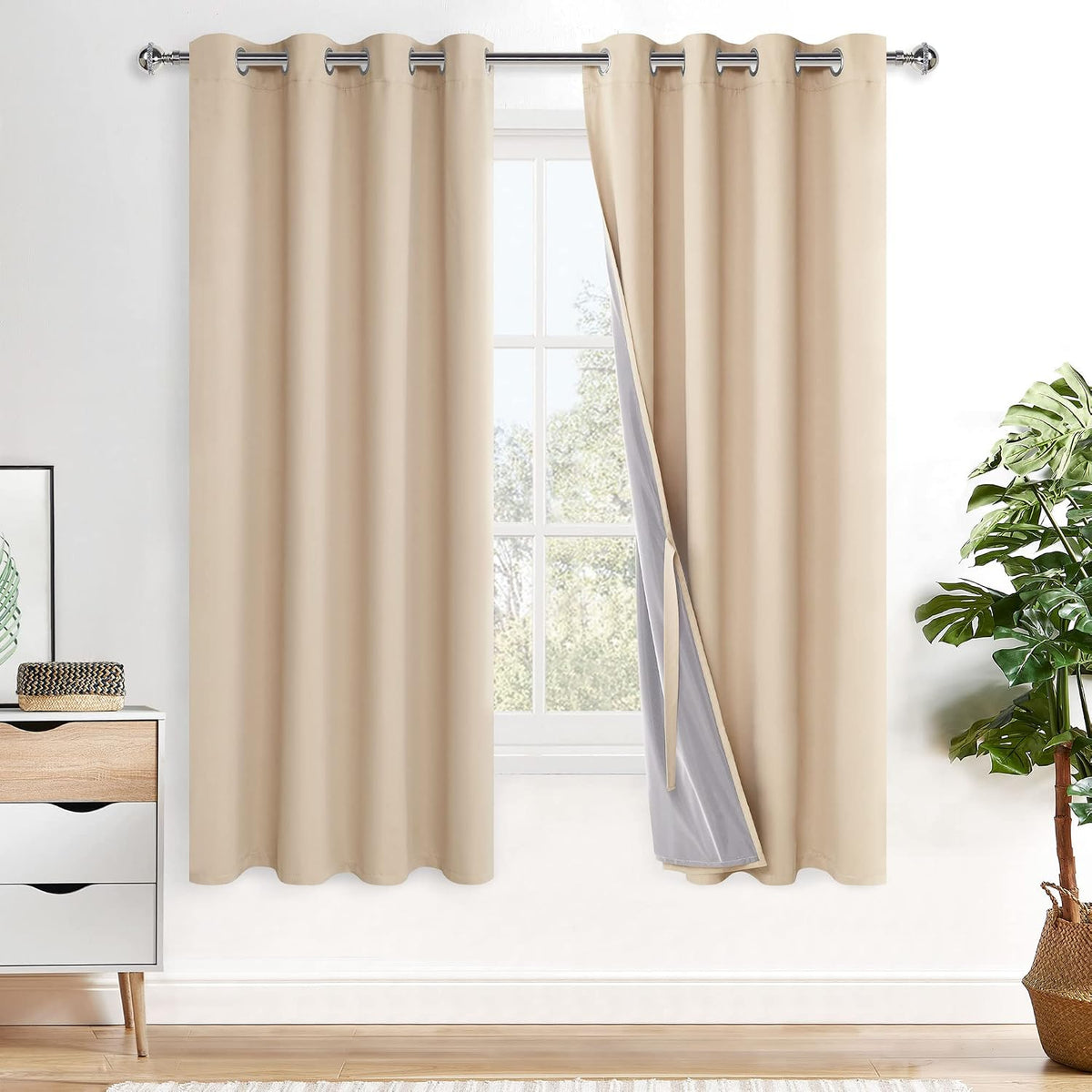 63"L x 52"W polyester curtains in Biscotti Beige