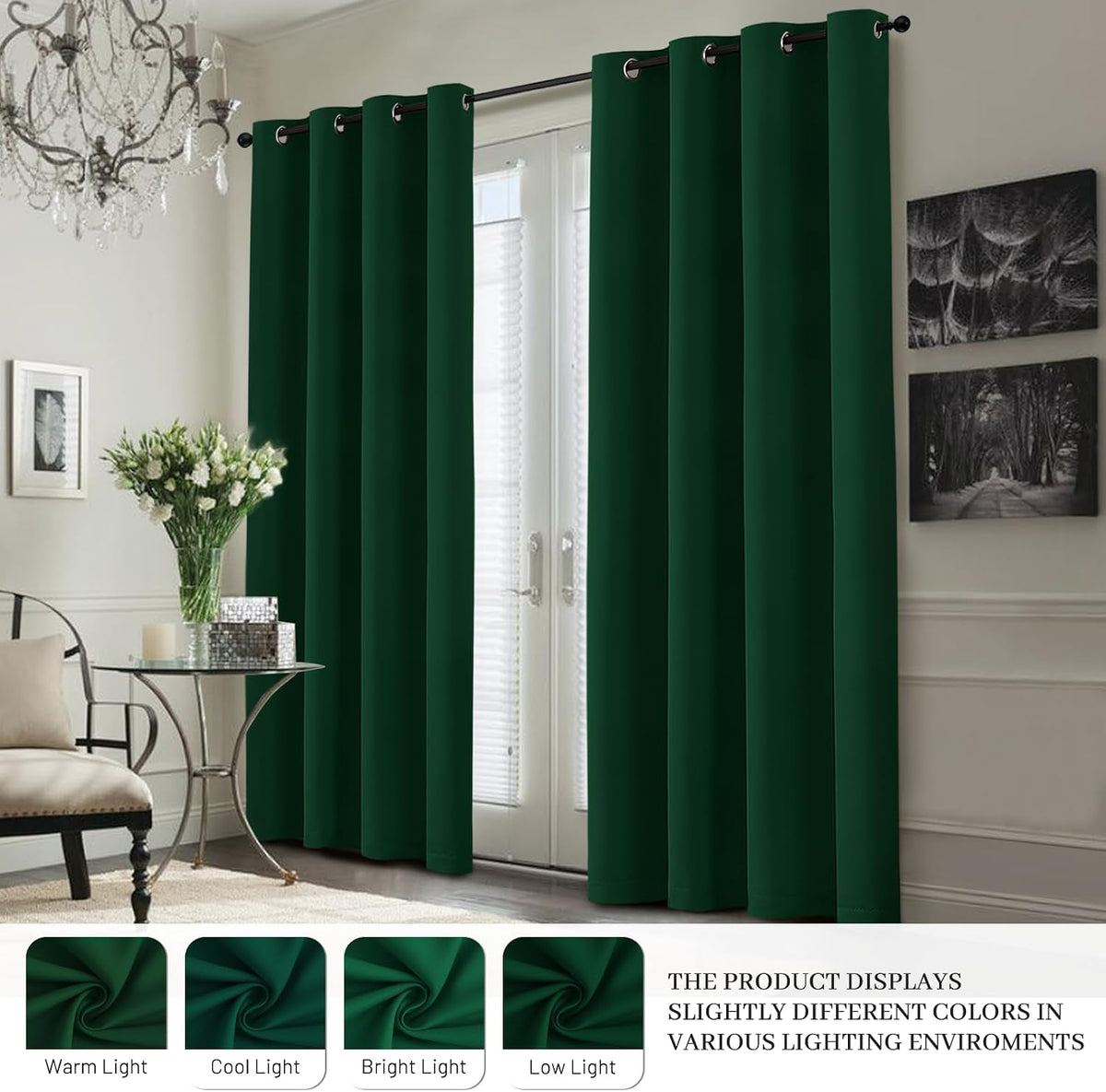 63"L x 50"W polyester curtains in Dark Green With White Backing, alternate view 7