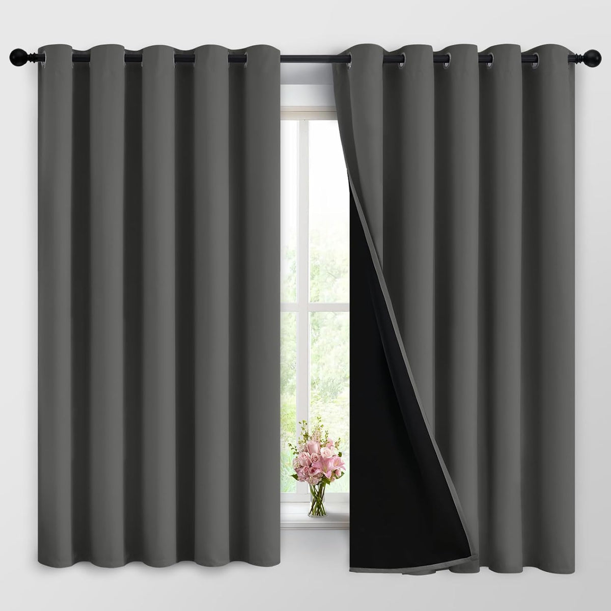 63"L x 62"W polyester curtains in Dark Grey