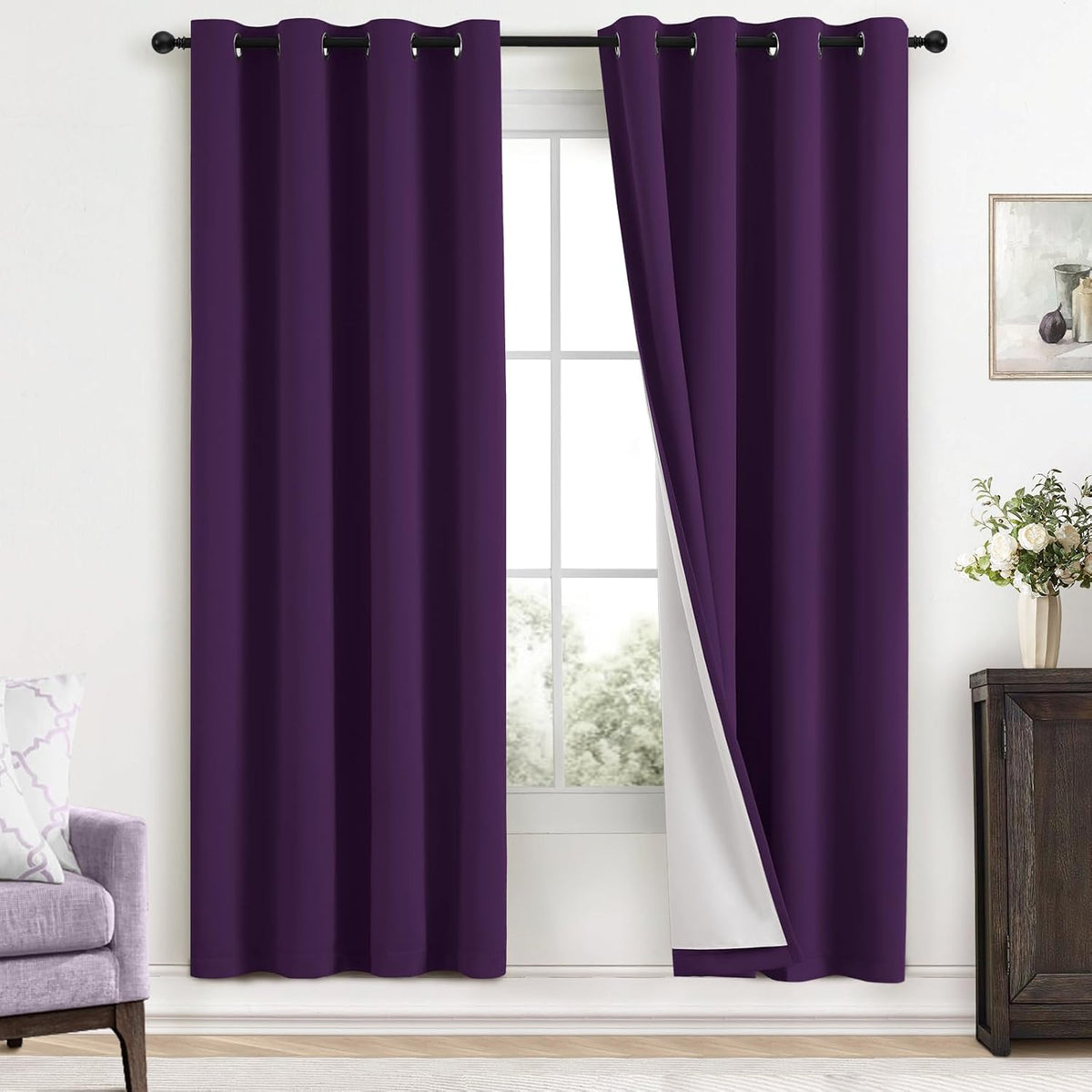 72"L x 52"W polyester curtains in Purple With Black Liner