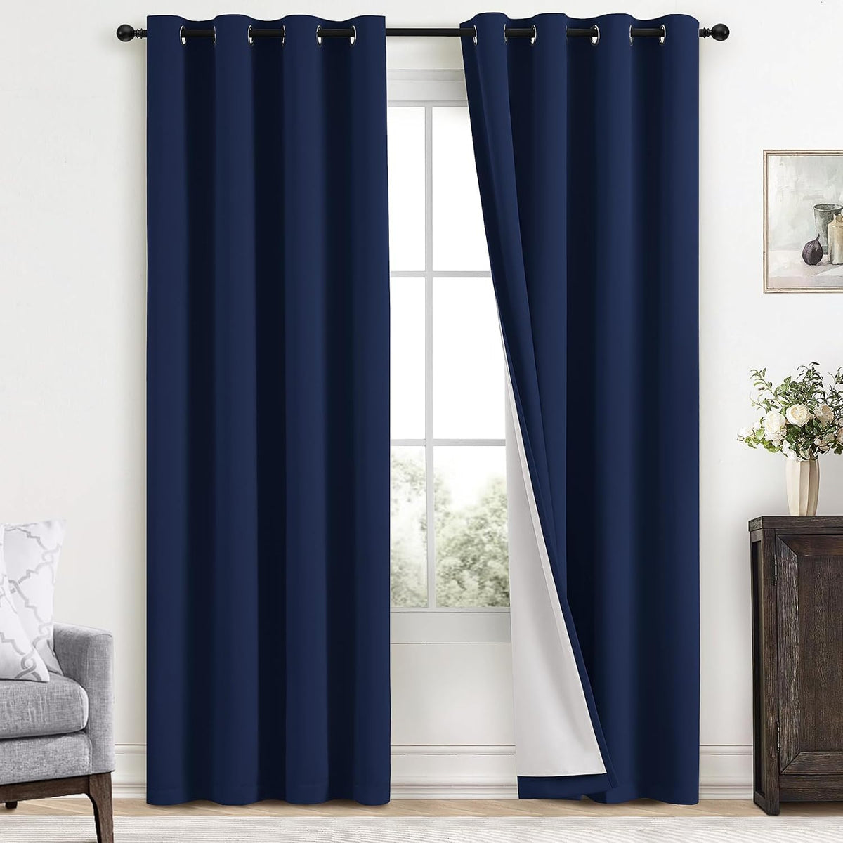 96"L x 52"W polyester curtains in Navy Blue With Black Liner