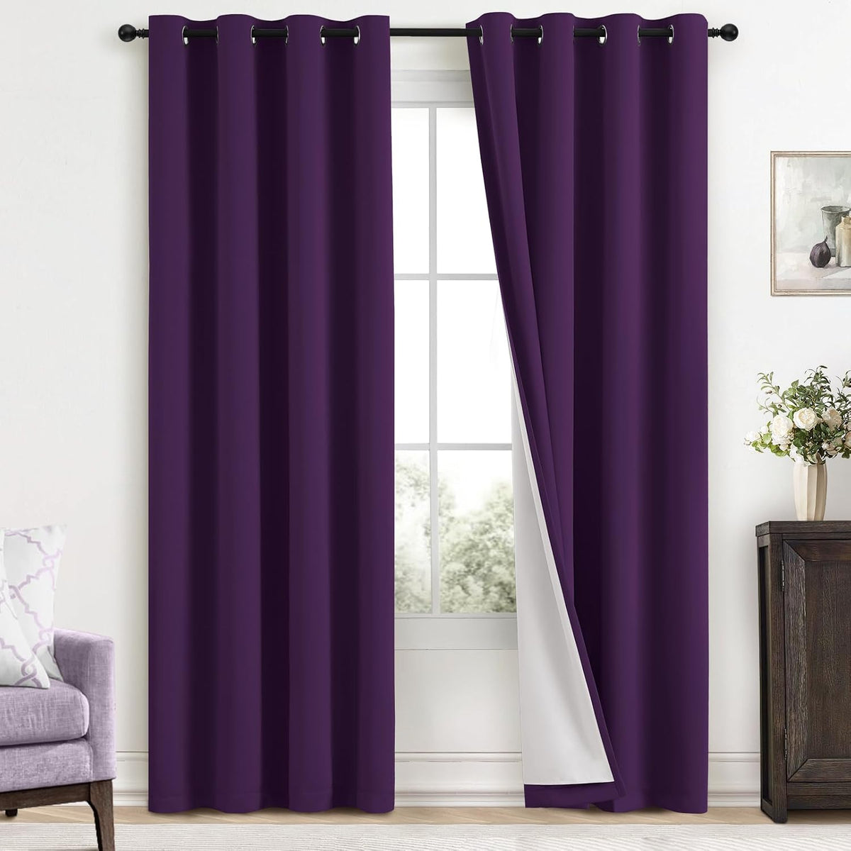 96"L x 52"W polyester curtains in Purple With Black Liner