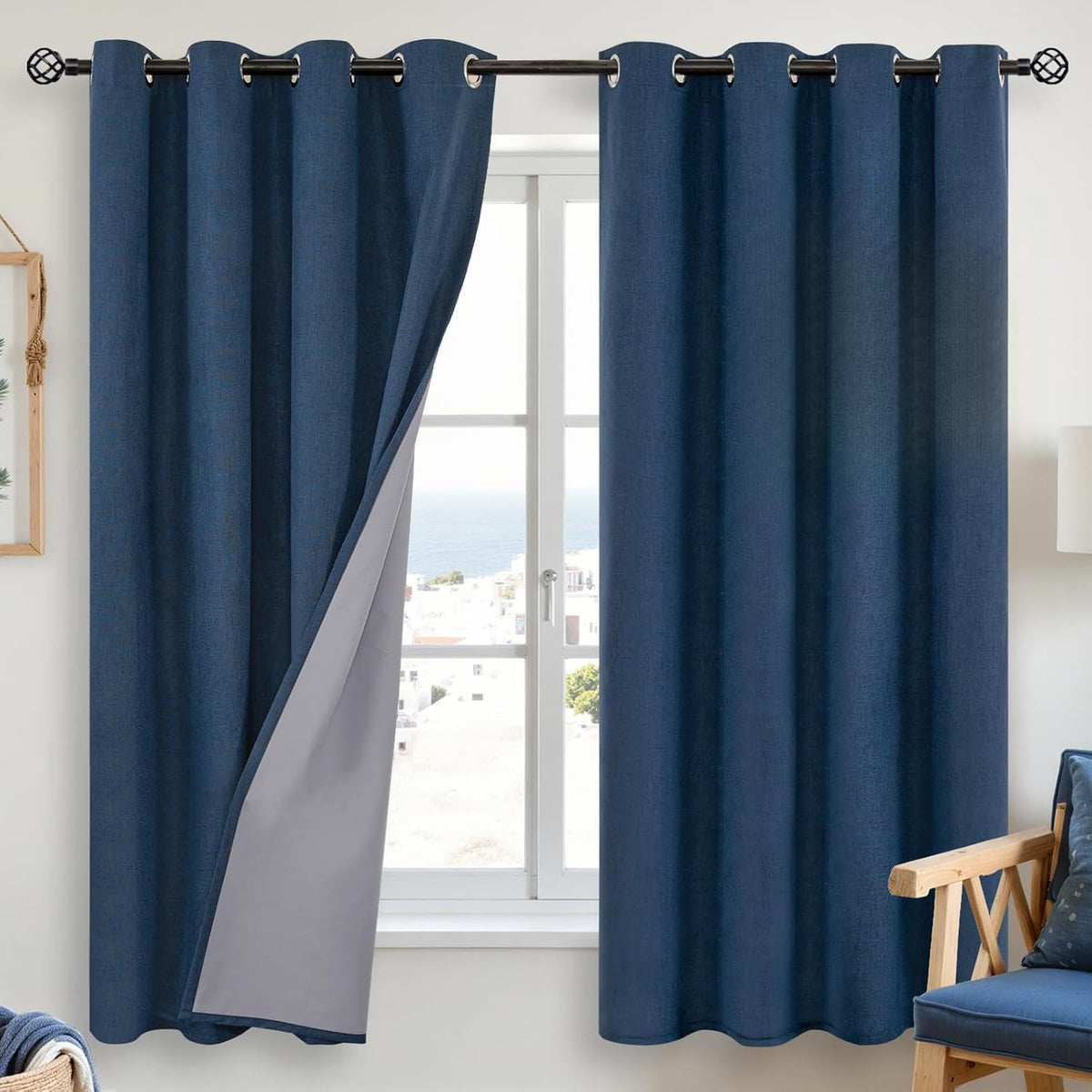 63"L x 52"W linen curtains in Navy