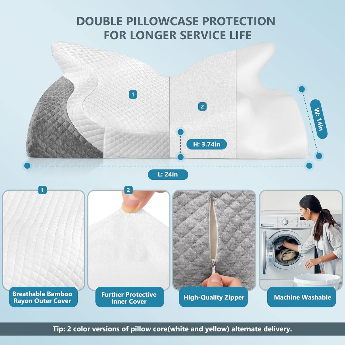 24 x 14 x 3.74 inches memory foam pillows in White and Light Grey, alternate view 6